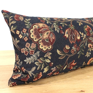 Blue Tapestry Throw Pillow Cover Jacobean Flower and Leaf Jewel Tone Upholstery Fabric Decorative Oblong Lumbar Pillow Cushion Cover