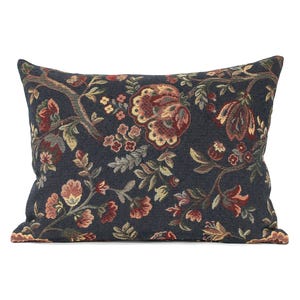 Blue Tapestry Throw Pillow Cover Jacobean Flower and Leaf Jewel Tone Upholstery Fabric Decorative Oblong Lumbar Pillow Cushion Cover