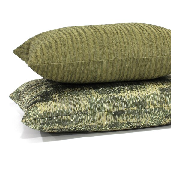 Lumbar Pillow Cover Moss Green Striped Chenille Upholstery Spring