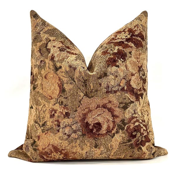 Rust and Green Floral Tapestry Throw Pillow Cover Chenille Upholstery Square and Lumbar Pillowcase