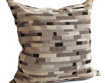 Fodera per cuscino decorativo in ciniglia a righe marroni e beige, in tessuto per tappezzeria, quadrata e lombare.