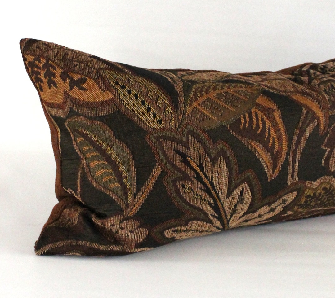Lumbar Pillow Cover Rust Black Floral and Leaf Upholstery Fabric
