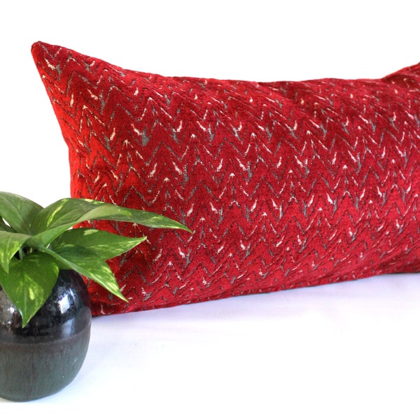 Lumbar Pillow Cover Crimson Red Chevron Chenille Upholstery Fabric Decorative Pillow Oblong Throw Pillow Cushion Cover