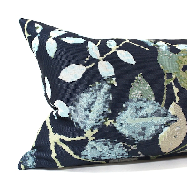 Lumbar Pillow Cover 12x24 Navy Blue Green Modern Floral Upholstery Fabric Decorative Oblong Throw Pillow Cushion Cover