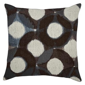 May include: Square decorative pillow with a geometric pattern. The design features large white circles surrounded by dark brown and gray shapes on a textured background. The pillow has a neutral color palette.