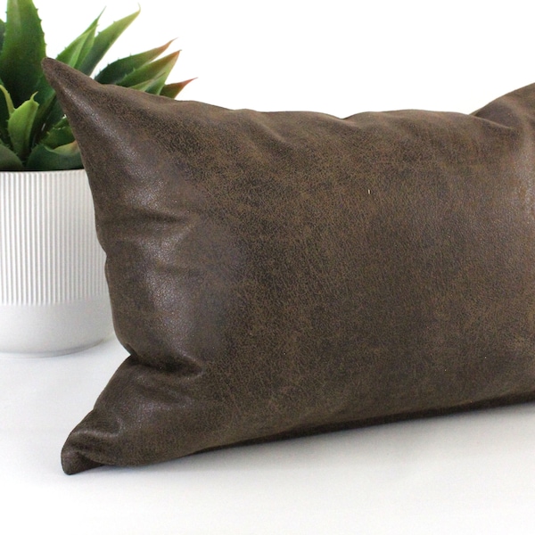 Lumbar Pillow Cover Seal Brown Faux Leather Upholstery Fabric Decorative Oblong Throw Pillow Accent Cushion Cover Neutral Decor