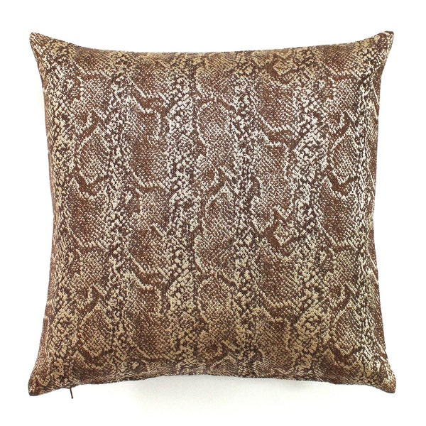 Housse de coussin décorative en tissu d'ameublement imitation peau de serpent marron 16 x 16 pouces