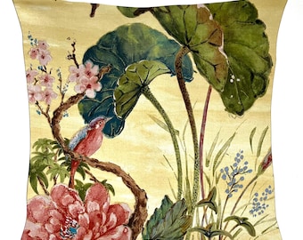 Funda de cojín decorativa amarilla con estampado de pájaros y flores, vibrante decoración primaveral, funda de cojín cuadrada y lumbar