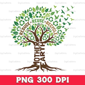 Reduce Reuse Recycle Png | Mother Earth Tree Sublimation | Earth Day 2026 Shirt Design | Eco Friendly Gift | Save The Planet Nature Art