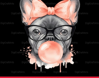 Cute French Bulldog Png | Watercolor Frenchie Sublimation | Dog Blowing Bubblegum | Glasses Bow Puppy Art | Girly Nursery Decor | Mom Gift