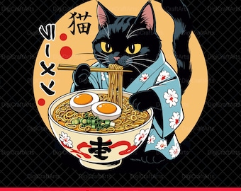 Black Cat Eating Ramen Png | Kawaii Anime Svg | Japanese Noodle Shirt | Cricut Cut File | Otaku Streetwear | Cat Mom Life