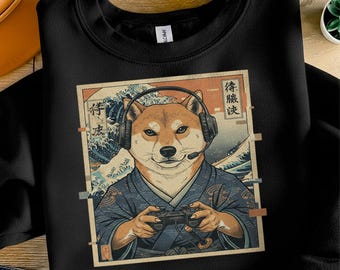 Japanese Shiba Inu Png | Gaming Dog Sublimation | Ukiyo-e Great Wave Art | Funny Gamer Shirt | Retro Glitch Controller | Anime Aesthetic