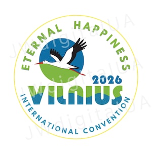 Puede incluir: Logotipo circular con el texto "Eternal Happiness" y "Vilnius International Convention 2026". El logotipo presenta una cigüeña en vuelo sobre un fondo verde y azul, todo dentro de un círculo amarillo.