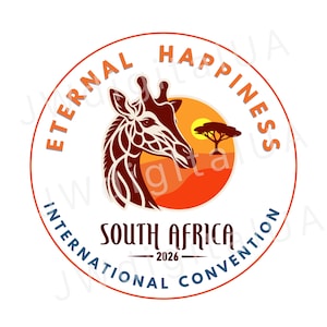 Puede incluir: Logotipo circular con la cabeza de una jirafa, una puesta de sol y un árbol. El texto dice "Eternal Happiness International Convention South Africa 2026" en naranja y azul. La jirafa es marrón y blanca.