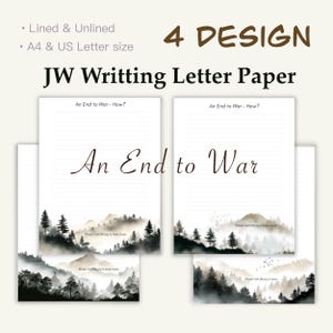 Könnte beinhalten: Weißes Briefpapier mit Landschaftsdesign mit Bäumen und Bergen. Der Text "An End to War" ist in eleganter Schrift dargestellt. Erhältlich in linierten und unlinierten Versionen, A4- und US-Letter-Größen.