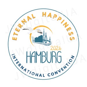 Puede incluir: Logotipo circular con las palabras "Eternal Happiness" y "Hamburg International Convention 2026". El diseño incluye una gaviota, un puente y un paisaje urbano estilizado en tonos azules, amarillos y blancos.