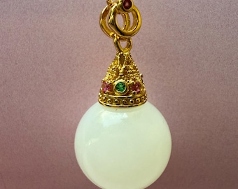 Natural white jade pendant, S925 gold plated setting