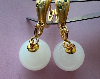 Natural white Jade earrings 12mm diameter S925 gold plated setting
