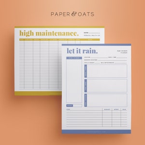 May include: Two printable checklists for planning a baby shower. The first checklist is titled "let it rain." and has sections for location, registry locations, total guests, mail invitations by, food/drinks, and family activities. The second checklist is titled "high maintenance." and has sections for date, sleep, weight, water intake, iron intake, prenatal vitamins, mood, and kicks.