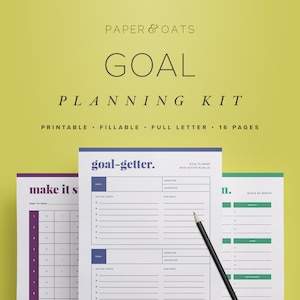 May include: A printable goal planning kit with three pages shown. The first page is purple and says "make it s" with a habit tracker. The second page is blue and says "goal-getter." with a goal planner. The third page is green and says "n." with a goals by month tracker.