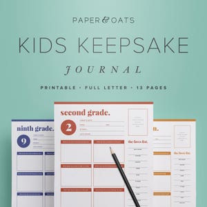 May include: Printable kids keepsake journal with pages for second, ninth, and eleventh grade. Each page has prompts for the child to answer about their year, including their favourite things. The pages are white with colourful borders and text.