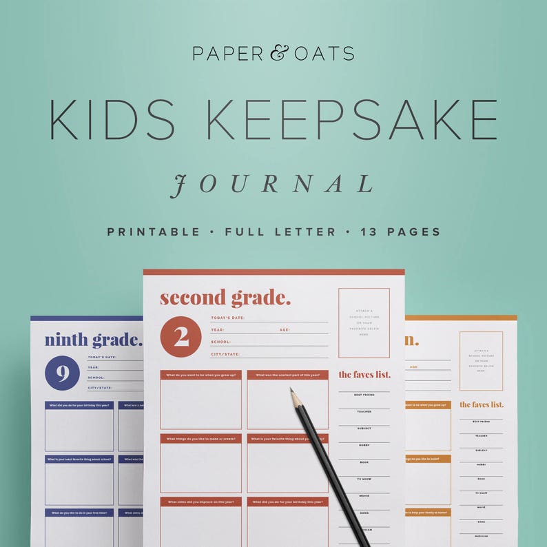 May include: Printable kids keepsake journal with pages for second, ninth, and eleventh grade. Each page has prompts for the child to answer about their year, including their favourite things. The pages are white with colourful borders and text.