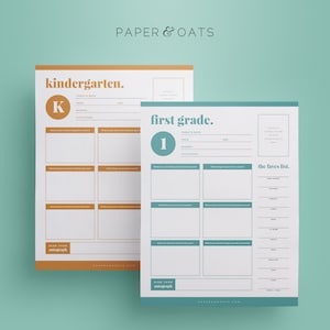 Pu&ograve; includere: Due fogli di lavoro stampabili per bambini della scuola materna e della prima elementare. I fogli di lavoro sono in uno schema di colori blu chiaro e oro e presentano una grande "K" e un grande "1" su ogni pagina. I fogli di lavoro includono domande sulle cose preferite dello studente, cosa ha fatto nel fine settimana e cosa vuole fare da grande. I fogli di lavoro includono anche uno spazio per lo studente per firmare il suo autografo.