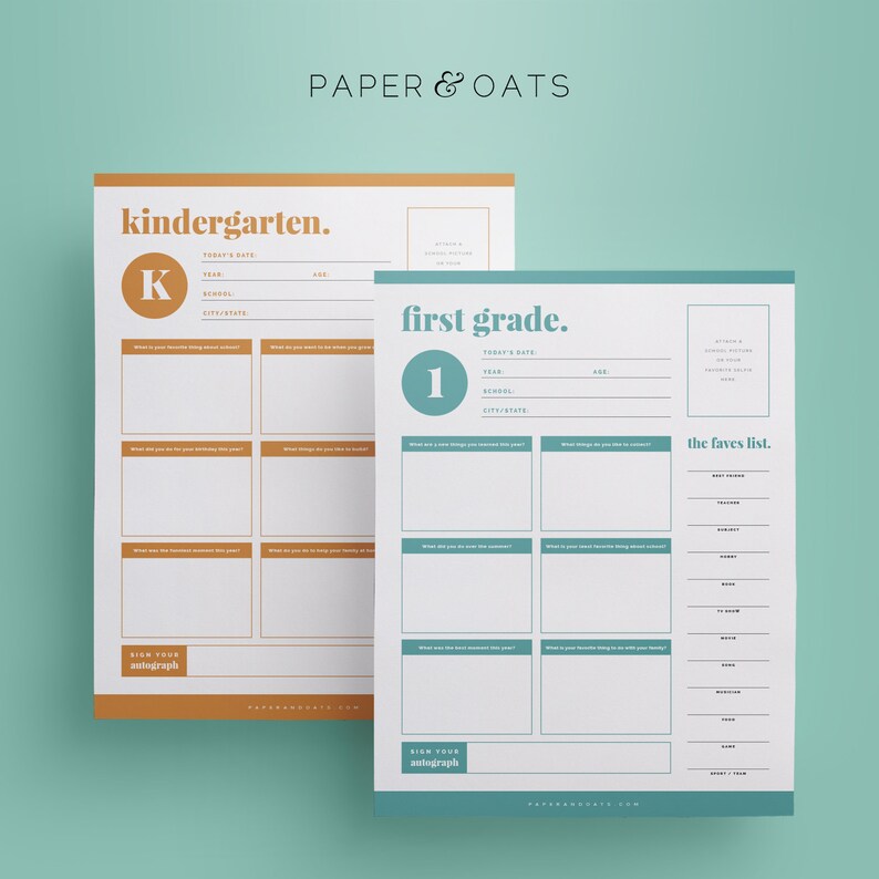 Pu&ograve; includere: Due fogli di lavoro stampabili per bambini della scuola materna e della prima elementare. I fogli di lavoro sono in uno schema di colori blu chiaro e oro e presentano una grande "K" e un grande "1" su ogni pagina. I fogli di lavoro includono domande sulle cose preferite dello studente, cosa ha fatto nel fine settimana e cosa vuole fare da grande. I fogli di lavoro includono anche uno spazio per lo studente per firmare il suo autografo.