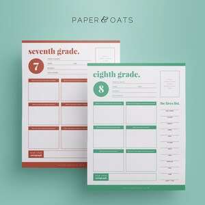 Pu&ograve; includere: Due fogli di lavoro stampabili per studenti di settima e ottava elementare. I fogli di lavoro sono progettati per aiutare gli studenti a riflettere sul loro anno e includono domande sulle loro cose preferite, hobby e obiettivi. I fogli di lavoro sono in uno schema di colori verde e rosso.
