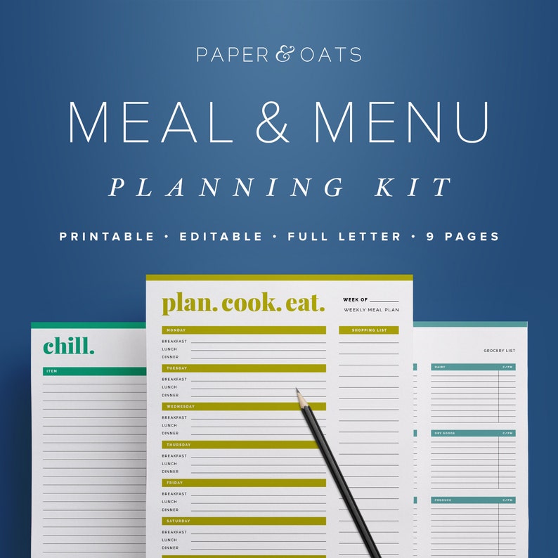 May include: A printable meal planning kit with a green and yellow color scheme. The kit includes a weekly meal plan, a shopping list, and a grocery list. The text "plan.cook.eat." is printed in yellow on the meal planning page.