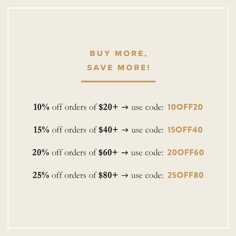 May include: A graphic with the text "BUY MORE, SAVE MORE!" and a list of discounts for orders of different amounts. For example, orders of $20 or more get 10% off with code 100FF20.