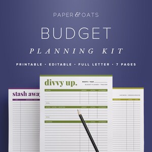 May include: Printable budget planning kit with three pages shown. The pages are titled "stash away", "divvy up", and "Checkbook/Spending Register". The pages are white with green and purple accents.