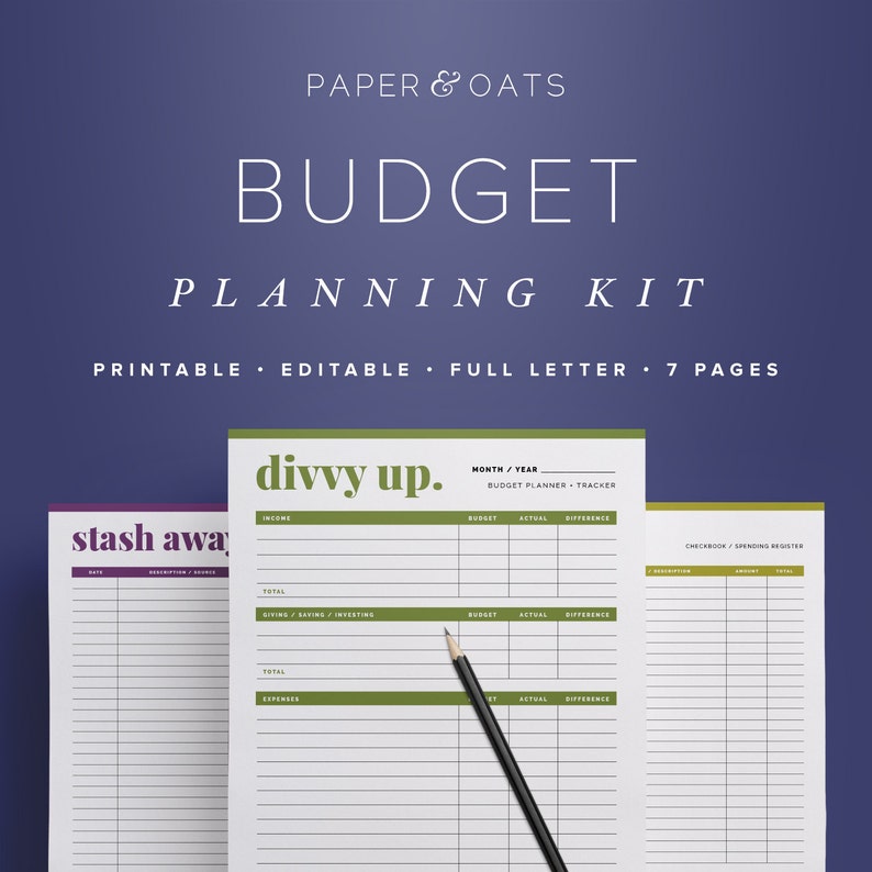 May include: Printable budget planning kit with three pages shown. The pages are titled "stash away", "divvy up", and "Checkbook/Spending Register". The pages are white with green and purple accents.