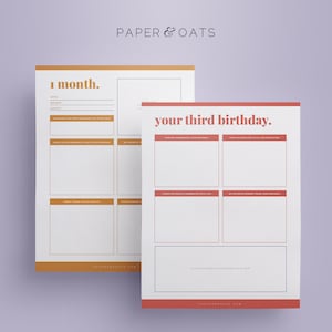 May include: Two printable baby journal pages with a peach and gold color scheme. The first page is titled "1 month." and includes prompts for recording the baby's date, weight, height, and other details. The second page is titled "your third birthday." and includes prompts for recording how the birthday was celebrated, how the baby reacted to the festivities, who celebrated with the baby, and a favorite moment from the day.