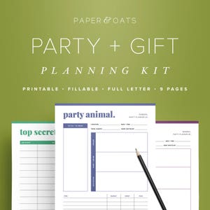 May include: A printable party planning kit with a purple and white design. The kit includes pages for planning a party, including a to-do list, guest list, and budget. The kit also includes pages for planning gifts, including a gift list and budget.