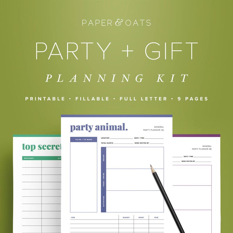 May include: A printable party planning kit with a purple and white design. The kit includes pages for planning a party, including a to-do list, guest list, and budget. The kit also includes pages for planning gifts, including a gift list and budget.