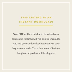 Pu&ograve; includere: Testo su sfondo bianco che recita "THIS LISTING IS AN INSTANT DOWNLOAD!" Il tuo PDF sar&agrave; disponibile per il download una volta che il pagamento sar&agrave; confermato, ti verr&agrave; anche inviato via email e potrai scaricarlo in qualsiasi momento nel tuo account Etsy in Tu > Acquisti + Recensioni. Nessun prodotto fisico verr&agrave; spedito.