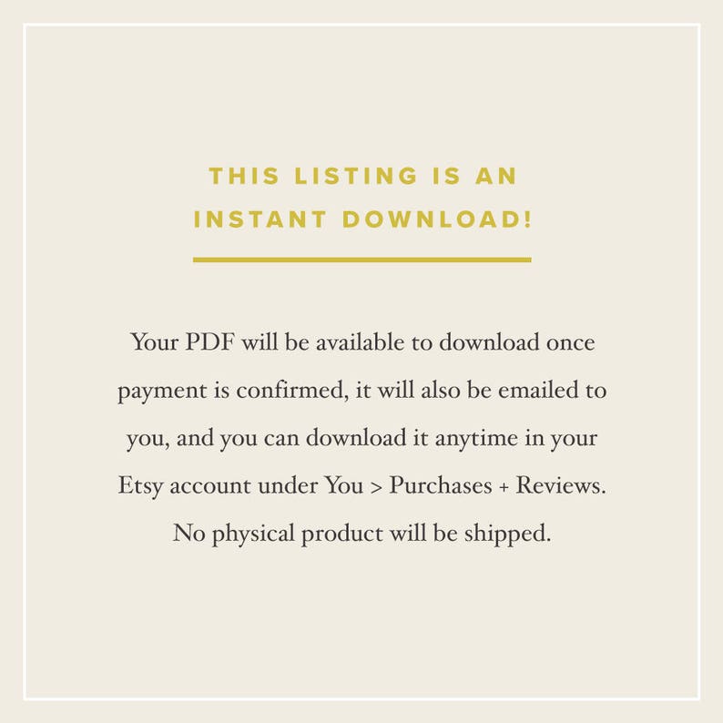 Pu&ograve; includere: Testo su sfondo bianco che recita "THIS LISTING IS AN INSTANT DOWNLOAD!" Il tuo PDF sar&agrave; disponibile per il download una volta che il pagamento sar&agrave; confermato, ti verr&agrave; anche inviato via email e potrai scaricarlo in qualsiasi momento nel tuo account Etsy in Tu > Acquisti + Recensioni. Nessun prodotto fisico verr&agrave; spedito.