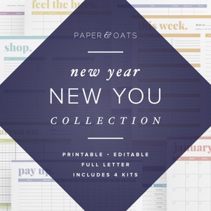 May include: A purple diamond-shaped graphic with the text "new year NEW YOU COLLECTION" in white. The graphic is overlaid on a collage of printable planner pages with titles like "Savings Tracks", "shop", "pay up", "this week", and "January". The text "PRINTABLE - EDITABLE FULL LETTER INCLUDES 4 KITS" is also included in the graphic.