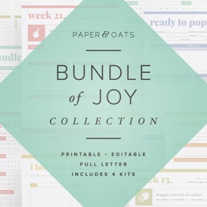 May include: A teal green and white printable bundle of pregnancy and baby trackers, checklists, and other printable resources. The bundle includes four kits and is titled "Bundle of Joy Collection".