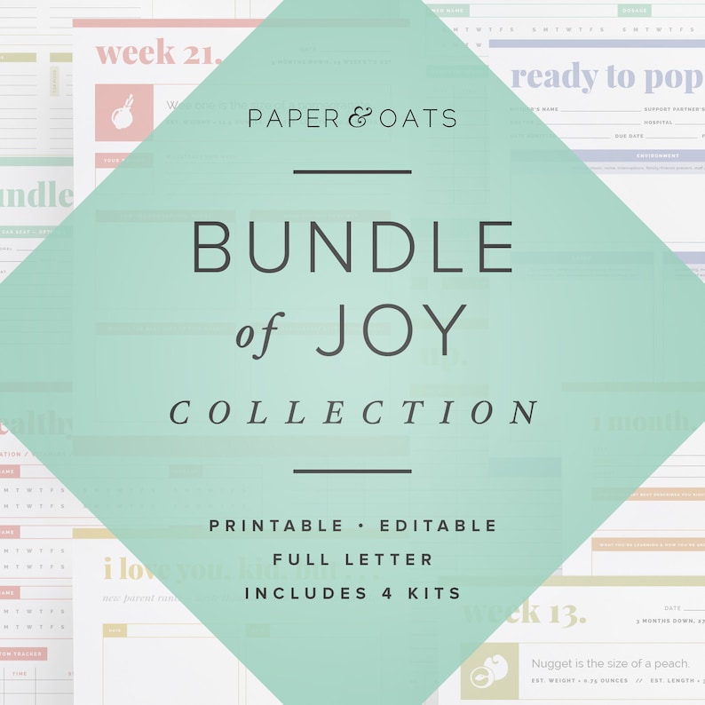 May include: A teal green and white printable bundle of pregnancy and baby trackers, checklists, and other printable resources. The bundle includes four kits and is titled "Bundle of Joy Collection".
