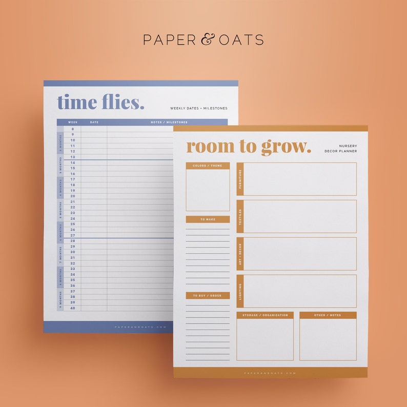 May include: Two printable planner pages with a light blue and gold color scheme. The first page is titled "time flies." and has a weekly calendar with dates and space for notes. The second page is titled "room to grow." and is a nursery decor planner with sections for colors, to make, to buy/order, storage/organization, and other/notes.