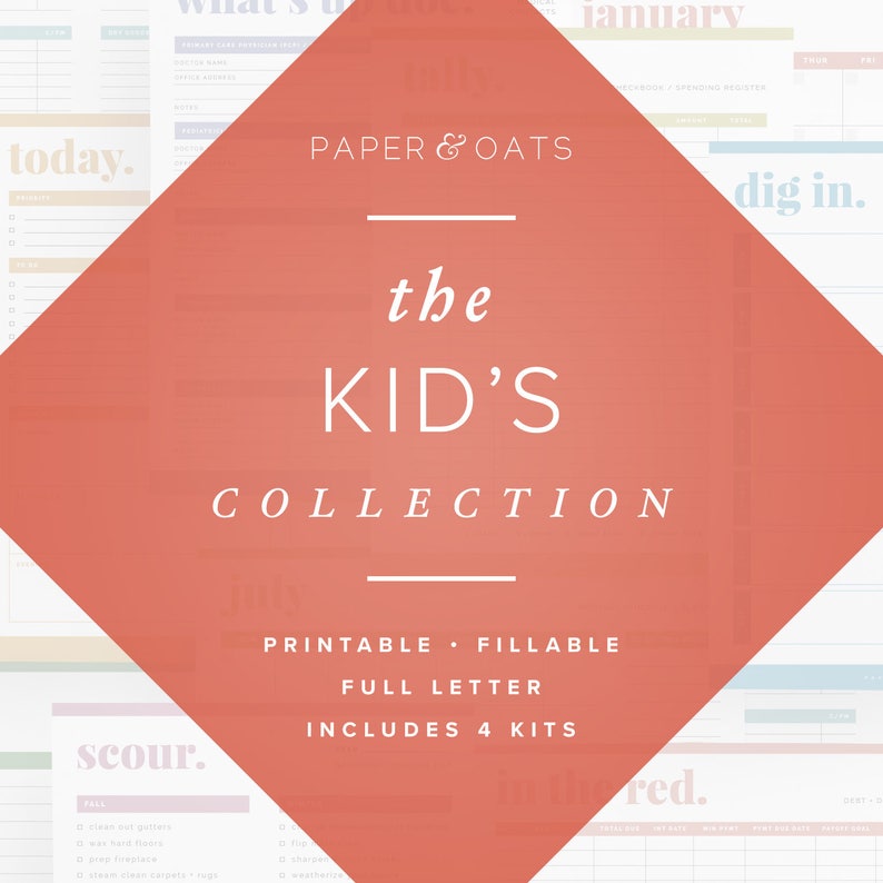 May include: A red diamond-shaped graphic with the text "PAPER & OATS" and "the KID'S COLLECTION" in white. Below the graphic is the text "PRINTABLE - FILLABLE FULL LETTER INCLUDES 4 KITS".