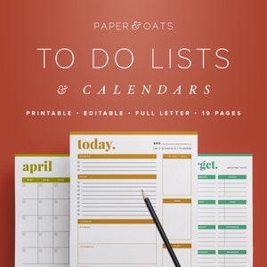 May include: Printable to-do lists and calendars in a yellow and green color scheme. The printable pages include a daily schedule planner, a monthly calendar, and a to-do list. The text on the page reads "today", "april", and "get".