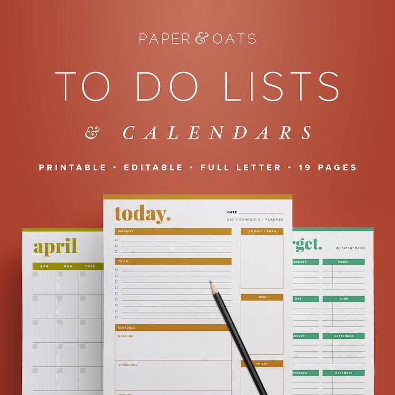 May include: Printable to-do lists and calendars in a yellow and green color scheme. The printable pages include a daily schedule planner, a monthly calendar, and a to-do list. The text on the page reads "today", "april", and "get".