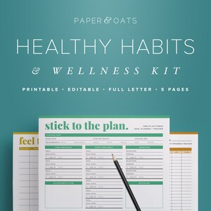 May include: Printable healthy habits and wellness kit with a green and white design. The kit includes a goal planner, tracker, and progress tracker. The text "stick to the plan" is featured on the goal planner.
