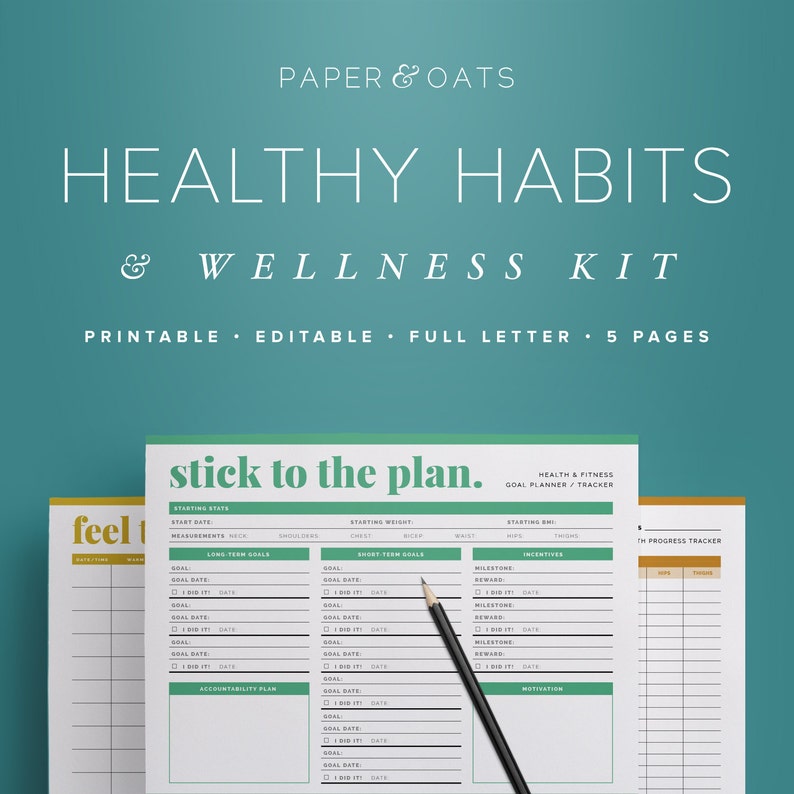 May include: Printable healthy habits and wellness kit with a green and white design. The kit includes a goal planner, tracker, and progress tracker. The text "stick to the plan" is featured on the goal planner.