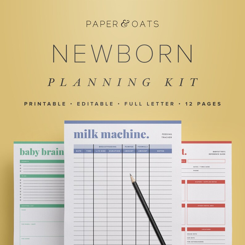 May include: A printable newborn planning kit with three pages shown. The first page is titled "baby brain" and is green with a checklist. The second page is titled "milk machine." and is blue with a feeding tracker. The third page is titled "t." and is pink with a babysitter reference guide.