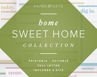 Può includere: Una grafica verde a forma di diamante con il testo "home SWEET HOME COLLECTION" in bianco. La grafica è sovrapposta a un collage di pagine di pianificatore stampabili con il testo "today", "tally", "January", "dig in", "scour", "July", "in the red" e "PRINTABLE EDITABLE FULL LETTER INCLUDES 4 KITS".
