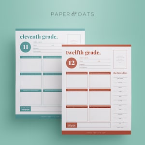 Pu&ograve; includere: Due fogli di lavoro stampabili per gli studenti dell'undicesimo e del dodicesimo anno. I fogli di lavoro sono in uno schema di colori turchese e arancione e includono prompt per gli studenti affinch&eacute; riflettano sul loro anno. Il foglio di lavoro dell'undicesimo anno ha un cerchio con il numero 11 in turchese e il foglio di lavoro del dodicesimo anno ha un cerchio con il numero 12 in arancione.